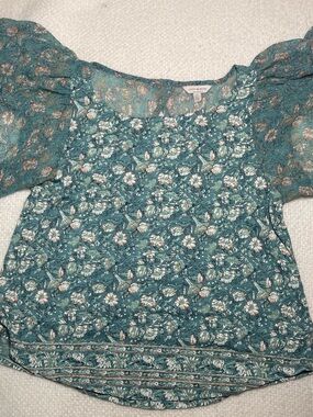 Vintage Lucky Brand Teal Floral Puff-Sleeve fairy boho Indie Lightweight airytop